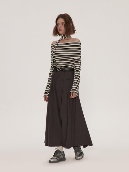 RUN TO THE FUTURE Vintage Pleated A Line Mid Waist Commuter Women Casual Polyester Maxi Skirts