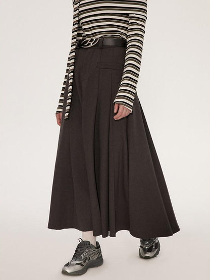 RUN TO THE FUTURE Vintage Pleated A Line Mid Waist Commuter Women Casual Polyester Maxi Skirts