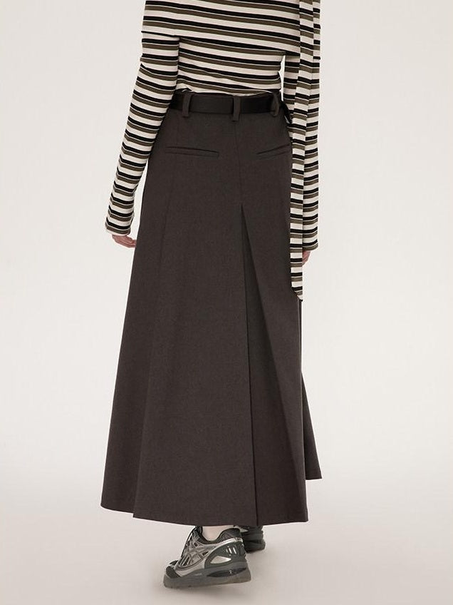 RUN TO THE FUTURE Vintage Pleated A Line Mid Waist Commuter Women Casual Polyester Maxi Skirts