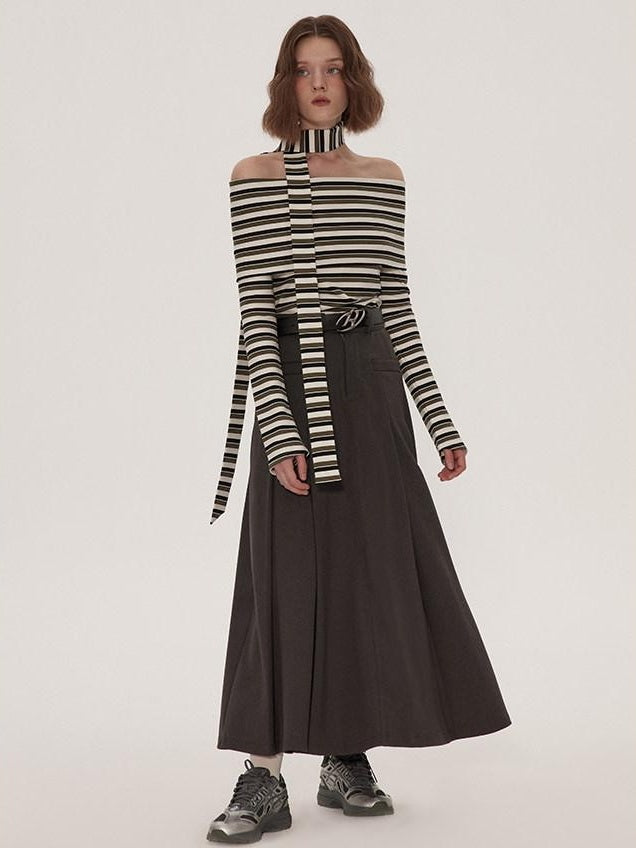 RUN TO THE FUTURE Vintage Pleated A Line Mid Waist Commuter Women Casual Polyester Maxi Skirts
