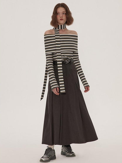 RUN TO THE FUTURE Vintage Pleated A Line Mid Waist Commuter Women Casual Polyester Maxi Skirts