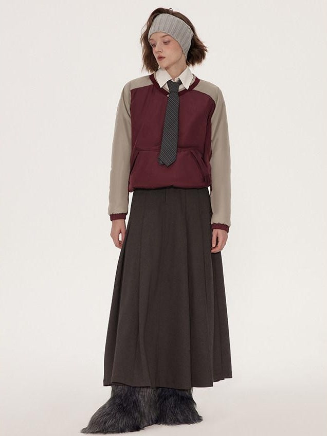 RUN TO THE FUTURE Vintage Pleated A Line Mid Waist Commuter Women Casual Polyester Maxi Skirts