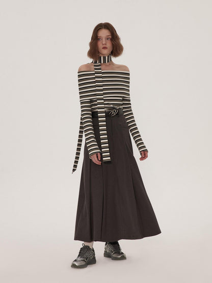 RUN TO THE FUTURE Vintage Pleated A Line Mid Waist Commuter Women Casual Polyester Maxi Skirts