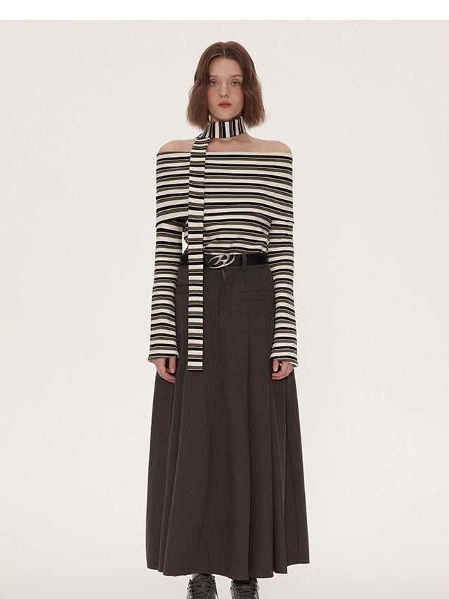 RUN TO THE FUTURE Vintage Pleated A Line Mid Waist Commuter Women Casual Polyester Maxi Skirts