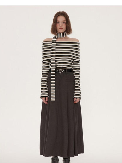 RUN TO THE FUTURE Vintage Pleated A Line Mid Waist Commuter Women Casual Polyester Maxi Skirts