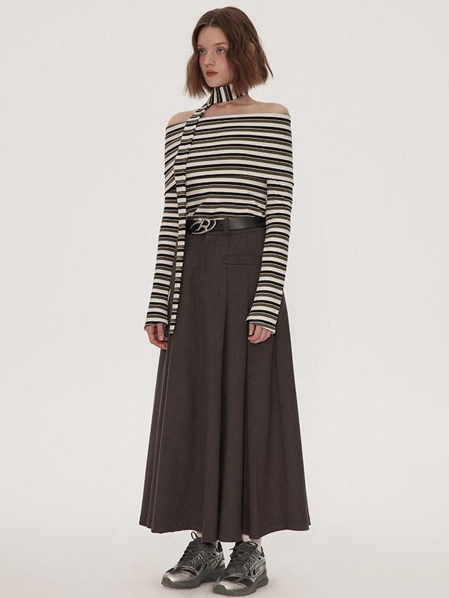 RUN TO THE FUTURE Vintage Pleated A Line Mid Waist Commuter Women Casual Polyester Maxi Skirts