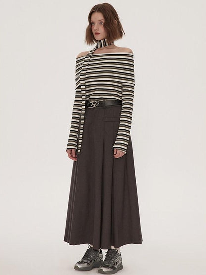 RUN TO THE FUTURE Vintage Pleated A Line Mid Waist Commuter Women Casual Polyester Maxi Skirts