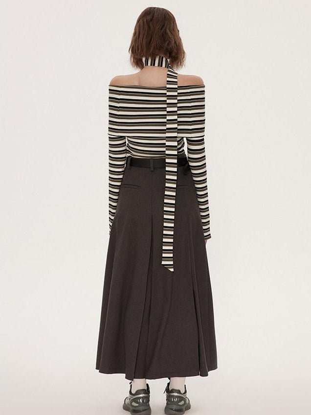 RUN TO THE FUTURE Vintage Pleated A Line Mid Waist Commuter Women Casual Polyester Maxi Skirts