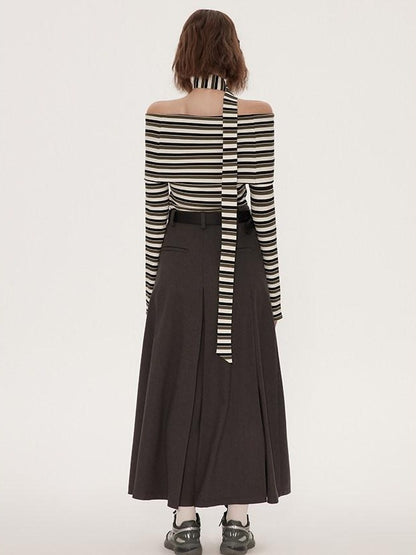 RUN TO THE FUTURE Vintage Pleated A Line Mid Waist Commuter Women Casual Polyester Maxi Skirts
