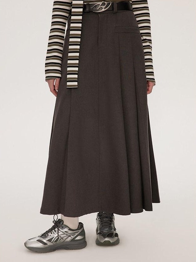 RUN TO THE FUTURE Vintage Pleated A Line Mid Waist Commuter Women Casual Polyester Maxi Skirts