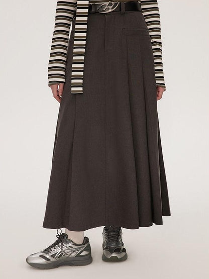 RUN TO THE FUTURE Vintage Pleated A Line Mid Waist Commuter Women Casual Polyester Maxi Skirts