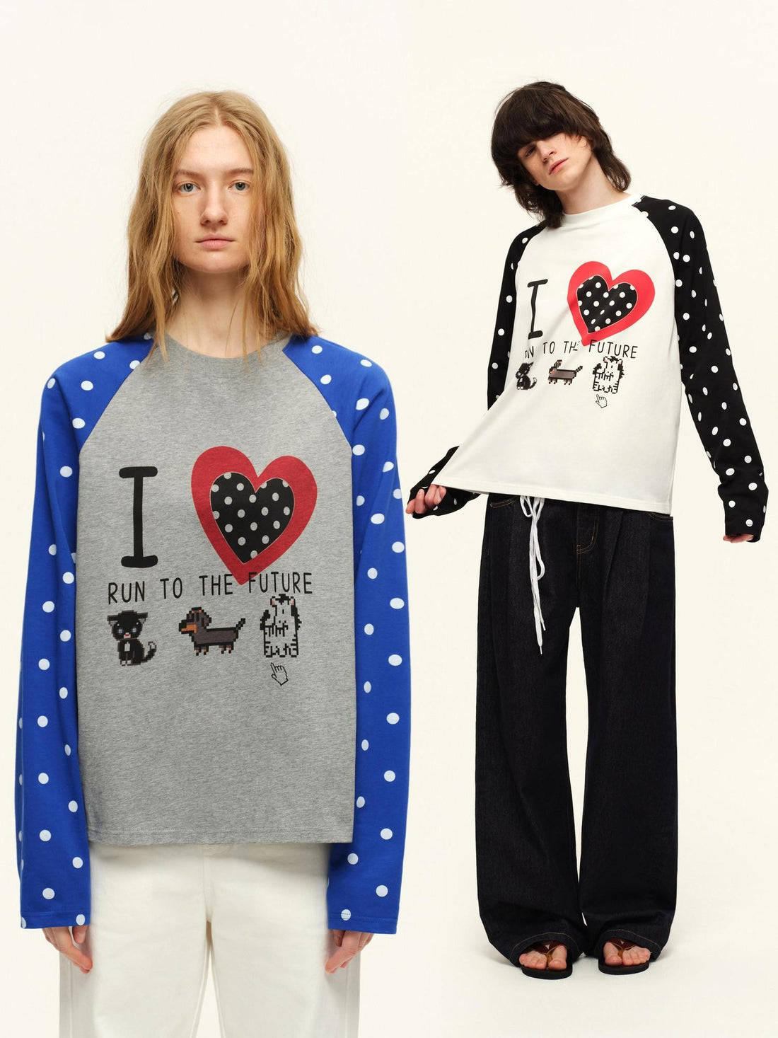 RUN TO THE FUTURE Vintage Polka Dot Colorblock Raglan Round Neck Women&