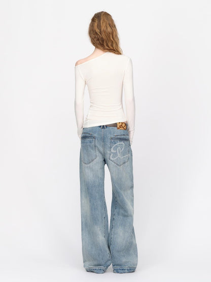 RUN TO THE FUTURE Vintage Wash Distressed Low Rise Loose Fit Women&