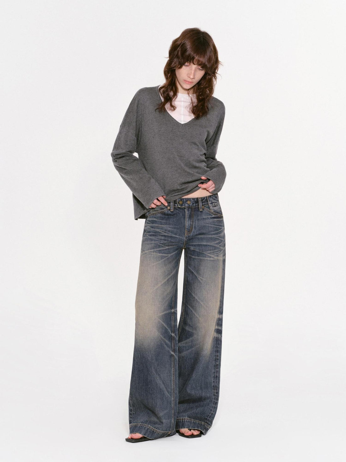 RUN TO THE FUTURE Vintage Wash Low Rise Relaxed Fit High Cotton Zipper Fly Casual Wide-Leg Jeans