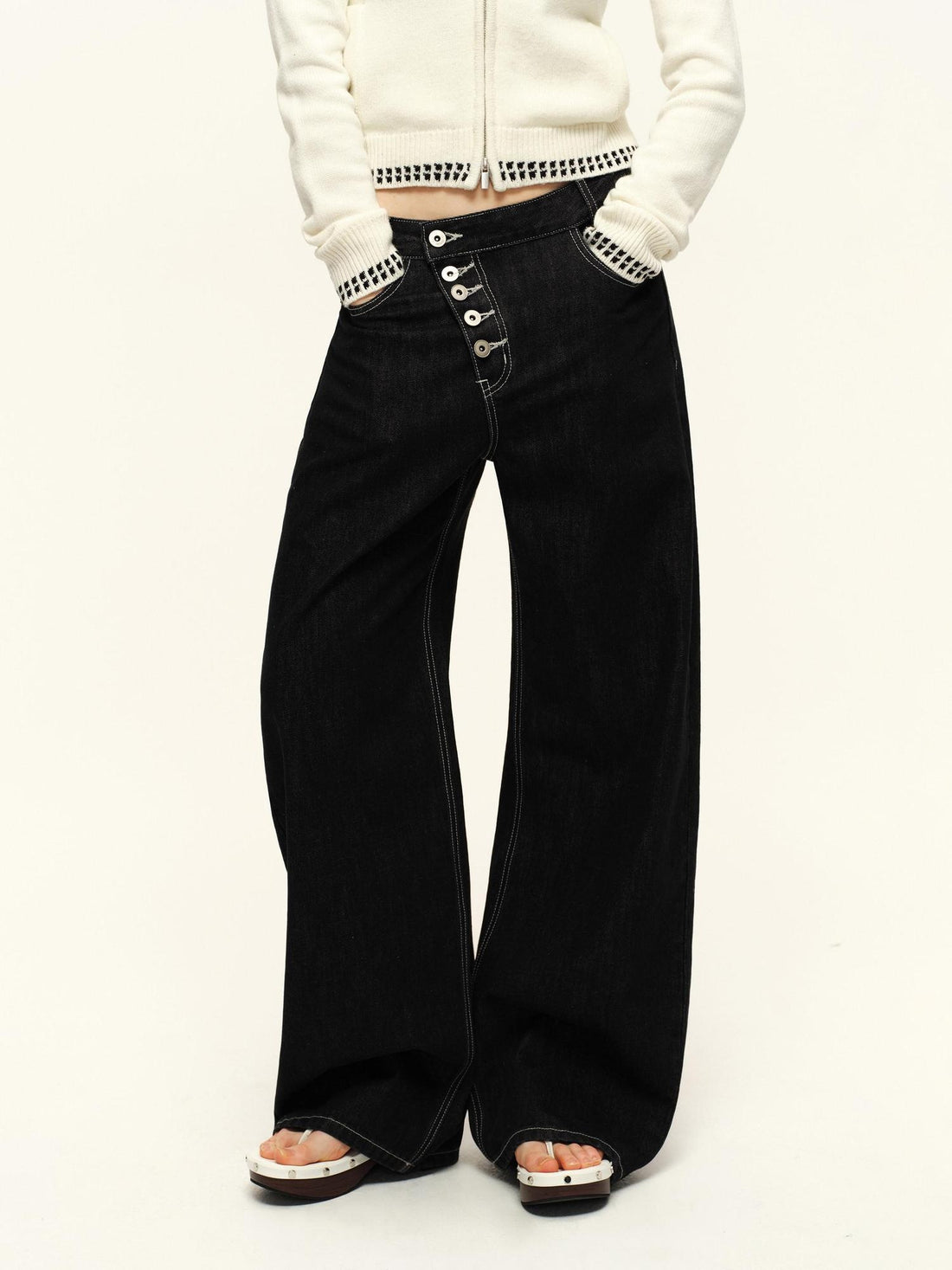 RUN TO THE FUTURE Vintage Washed Asymmetric Natural Waist Loose Unisex Dark Cotton Wide-Leg Jeans