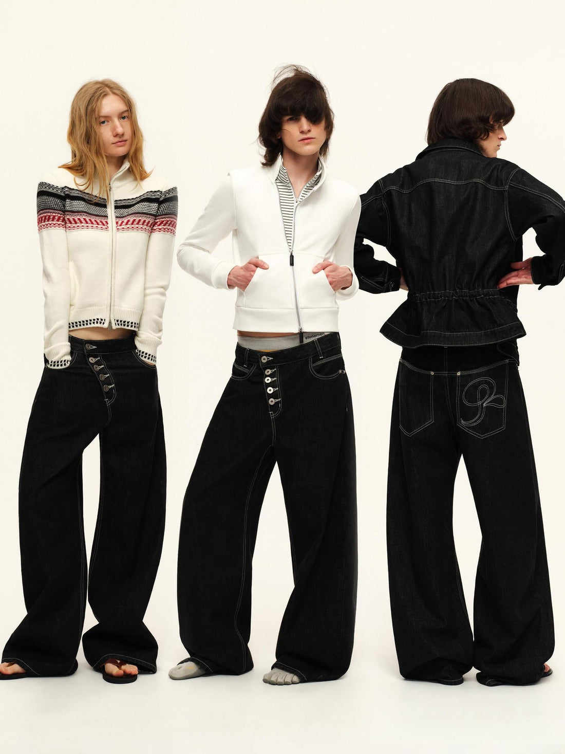 RUN TO THE FUTURE Vintage Washed Asymmetric Natural Waist Loose Unisex Dark Cotton Wide-Leg Jeans