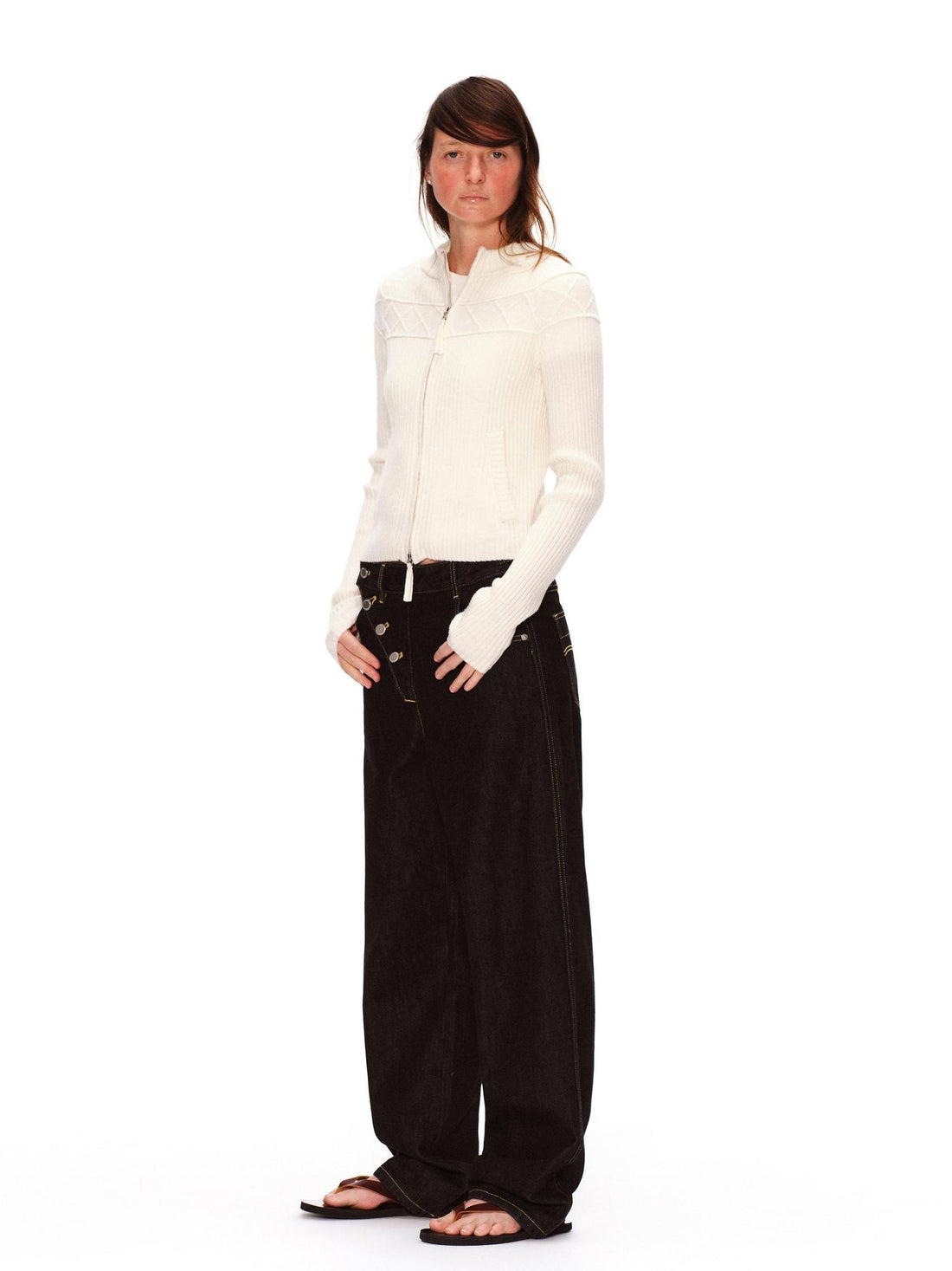 RUN TO THE FUTURE Vintage Washed Asymmetric Tapered Button Fly Dark Denim Straight Jeans
