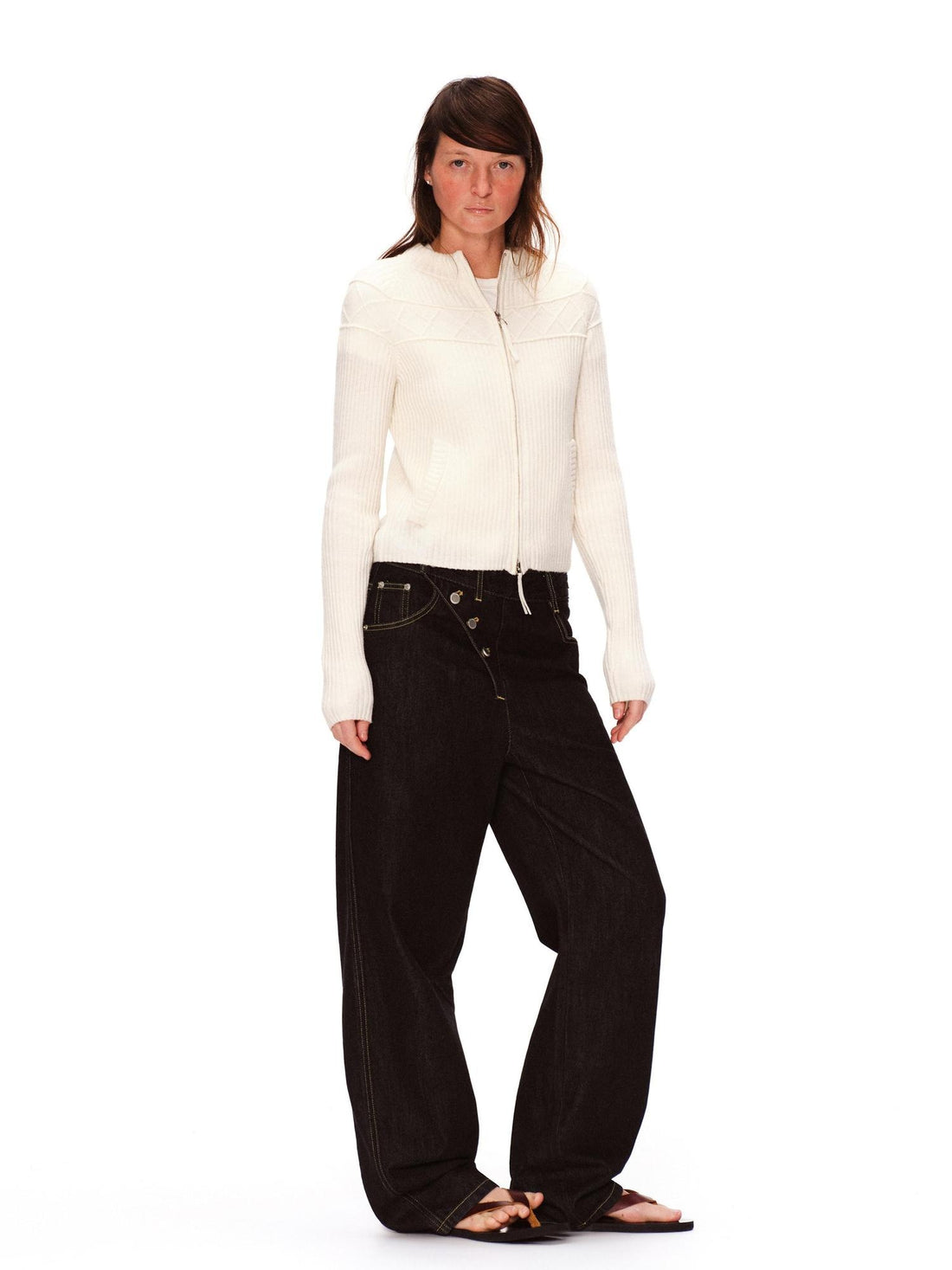 RUN TO THE FUTURE Vintage Washed Asymmetric Tapered Button Fly Dark Denim Straight Jeans