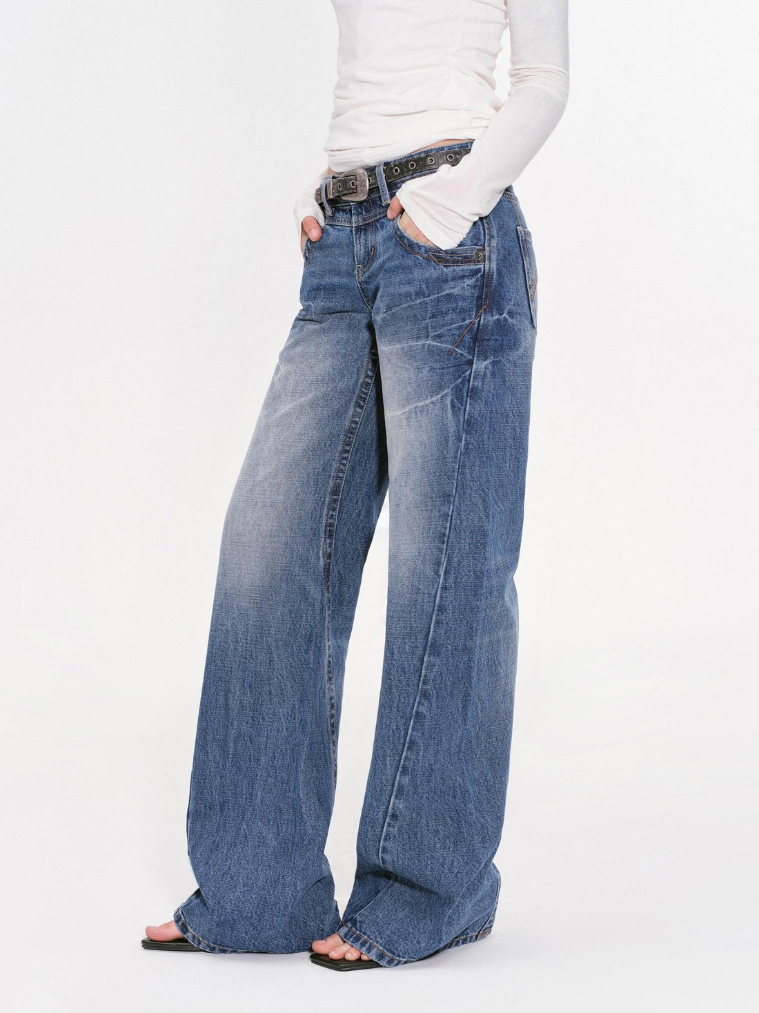 RUN TO THE FUTURE Vintage Washed Low Rise Loose Fit Women Denim Wide Leg Jeans Wide-Leg Jeans
