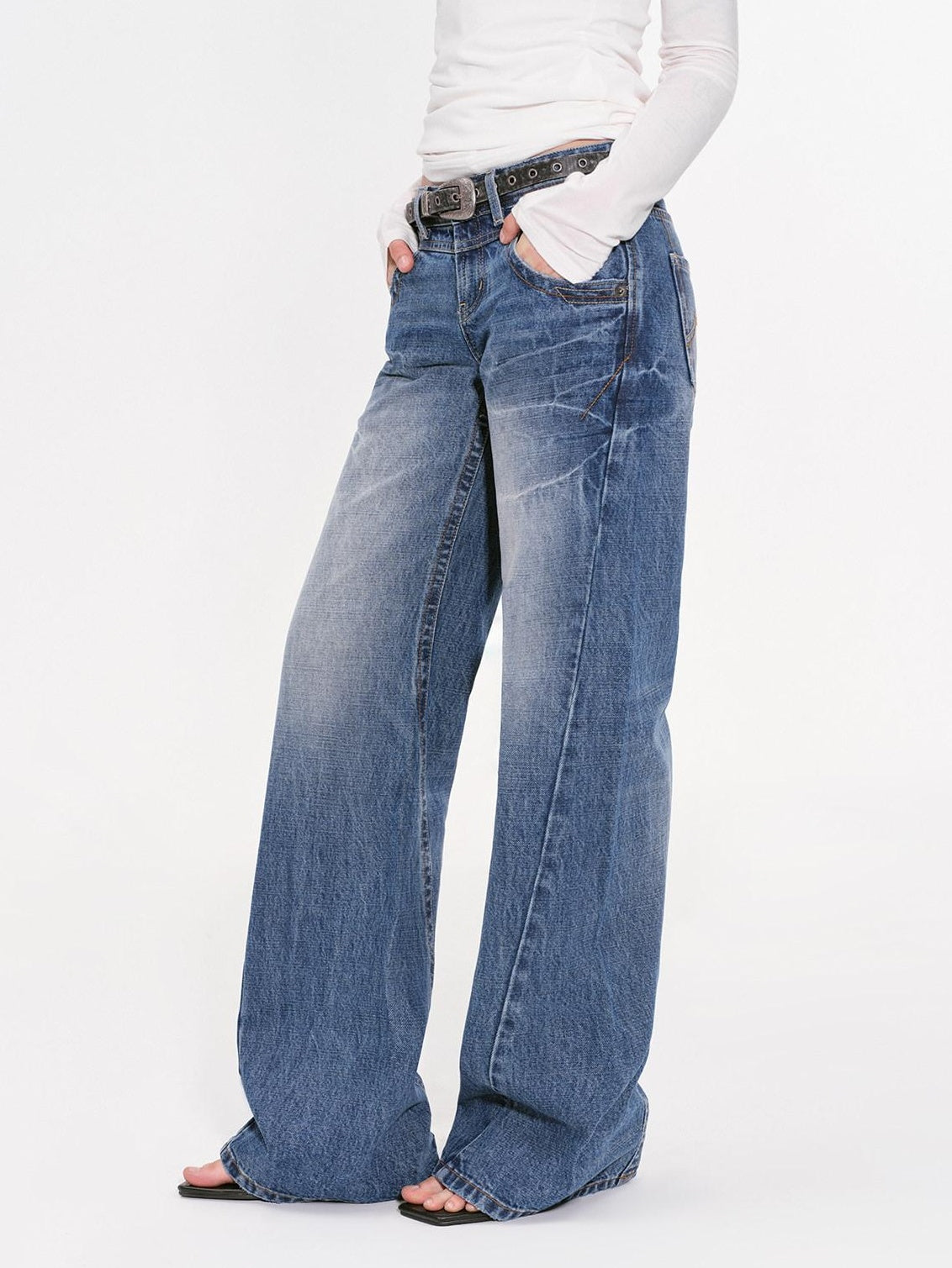 RUN TO THE FUTURE Vintage Washed Low Rise Loose Fit Women Denim Wide Leg Jeans Wide-Leg Jeans