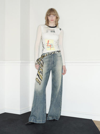 RUN TO THE FUTURE Vintage Washed Low Rise Loose Fit Zipper Fly Women Rigid Denim Flare Jeans