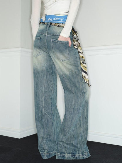 RUN TO THE FUTURE Vintage Washed Low Rise Loose Fit Zipper Fly Women Rigid Denim Flare Jeans