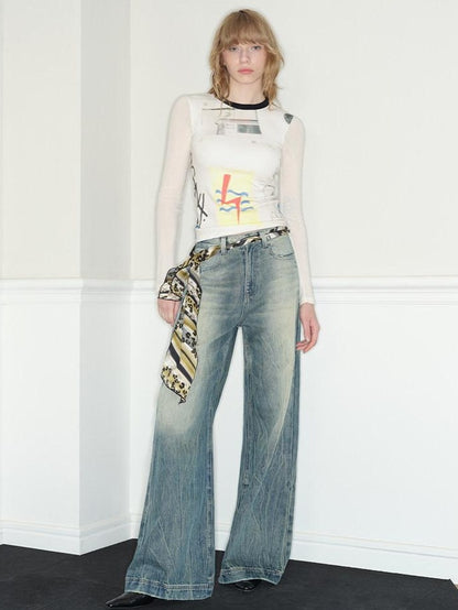 RUN TO THE FUTURE Vintage Washed Low Rise Loose Fit Zipper Fly Women Rigid Denim Flare Jeans