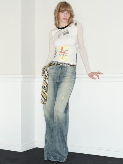 RUN TO THE FUTURE Vintage Washed Low Rise Loose Fit Zipper Fly Women Rigid Denim Flare Jeans
