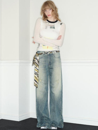 RUN TO THE FUTURE Vintage Washed Low Rise Loose Fit Zipper Fly Women Rigid Denim Flare Jeans