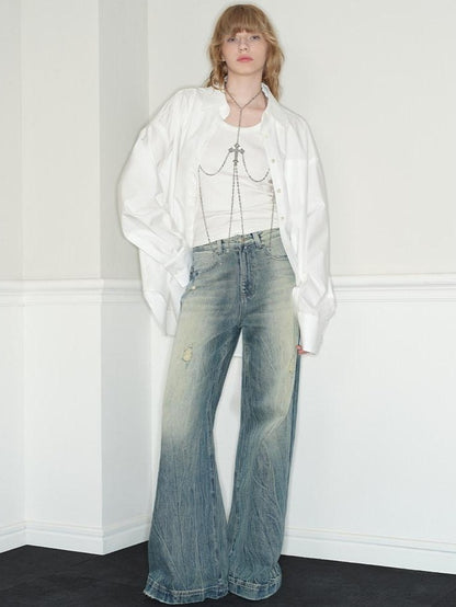 RUN TO THE FUTURE Vintage Washed Low Rise Loose Fit Zipper Fly Women Rigid Denim Flare Jeans