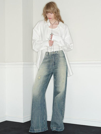 RUN TO THE FUTURE Vintage Washed Low Rise Loose Fit Zipper Fly Women Rigid Denim Flare Jeans