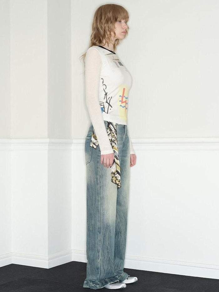RUN TO THE FUTURE Vintage Washed Low Rise Loose Fit Zipper Fly Women Rigid Denim Flare Jeans