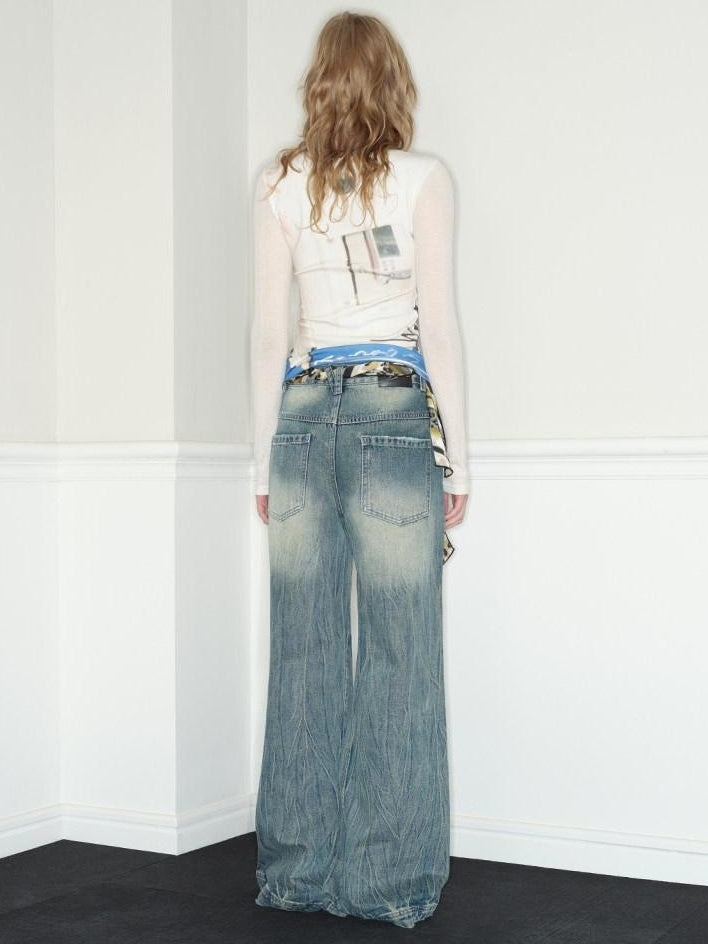 RUN TO THE FUTURE Vintage Washed Low Rise Loose Fit Zipper Fly Women Rigid Denim Flare Jeans