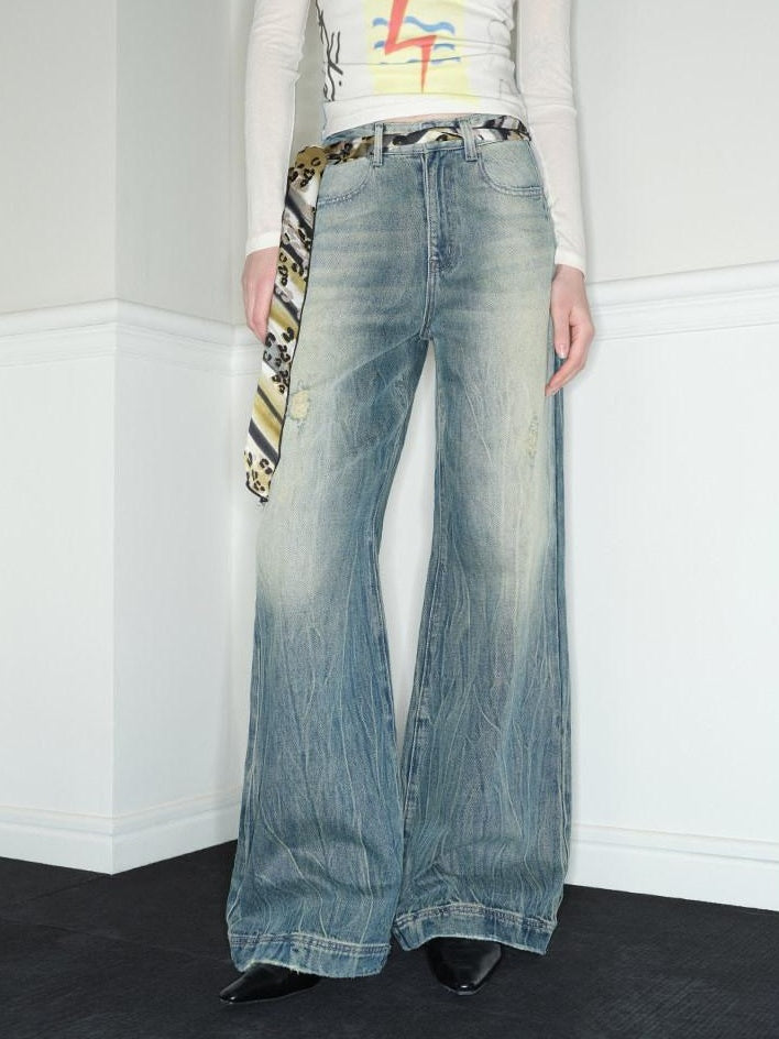 RUN TO THE FUTURE Vintage Washed Low Rise Loose Fit Zipper Fly Women Rigid Denim Flare Jeans