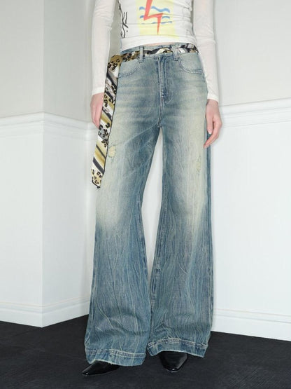 RUN TO THE FUTURE Vintage Washed Low Rise Loose Fit Zipper Fly Women Rigid Denim Flare Jeans