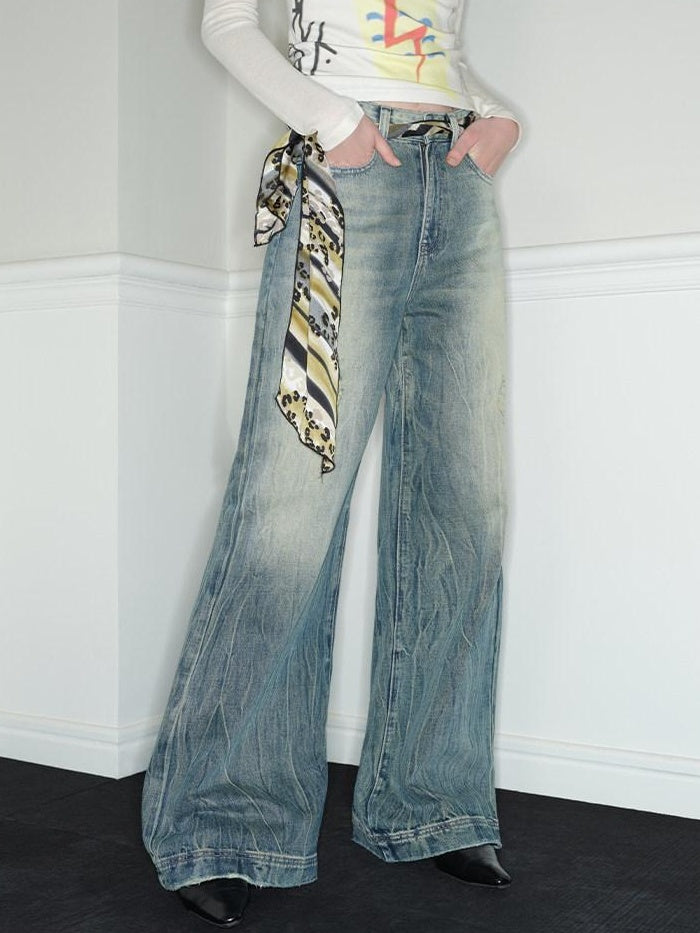 RUN TO THE FUTURE Vintage Washed Low Rise Loose Fit Zipper Fly Women Rigid Denim Flare Jeans