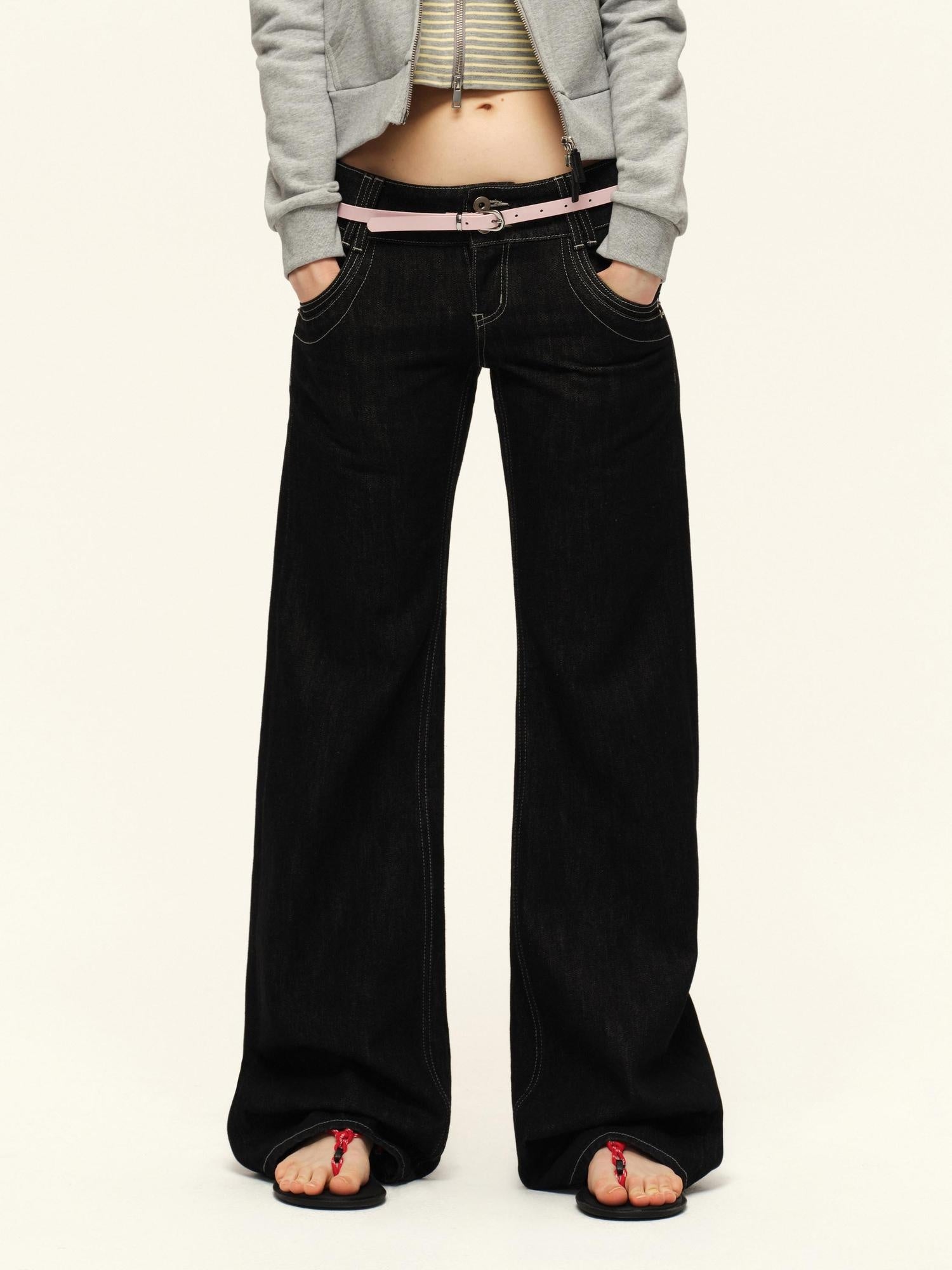 RUN TO THE FUTURE Vintage Washed Low Rise Pocket Detail Women Cotton Dark Wash Straight Jeans