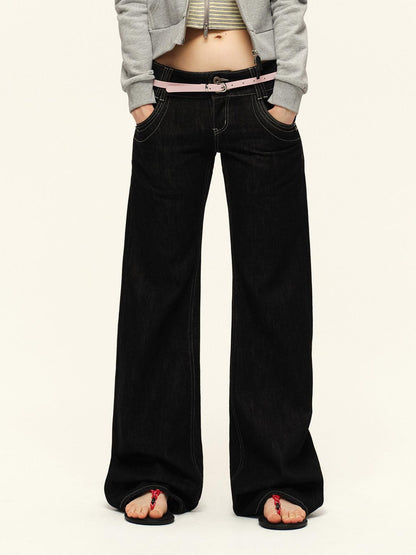 RUN TO THE FUTURE Vintage Washed Low Rise Pocket Detail Women Cotton Dark Wash Straight Jeans