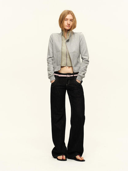 RUN TO THE FUTURE Vintage Washed Low Rise Pocket Detail Women Cotton Dark Wash Straight Jeans