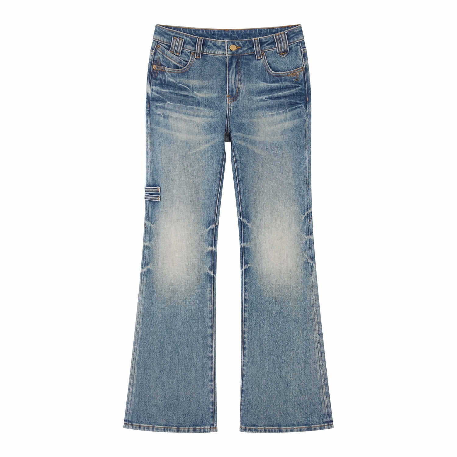 RUN TO THE FUTURE Vintage Washed Low Rise Slim Fit Slight Stretch Denim Retro Blue Flare Jeans