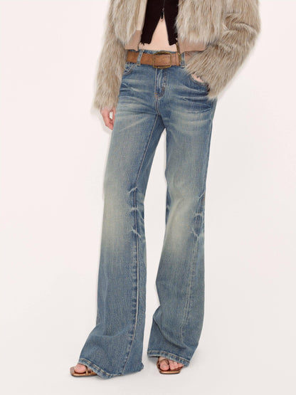 RUN TO THE FUTURE Vintage Washed Low Rise Slim Fit Slight Stretch Denim Retro Blue Flare Jeans