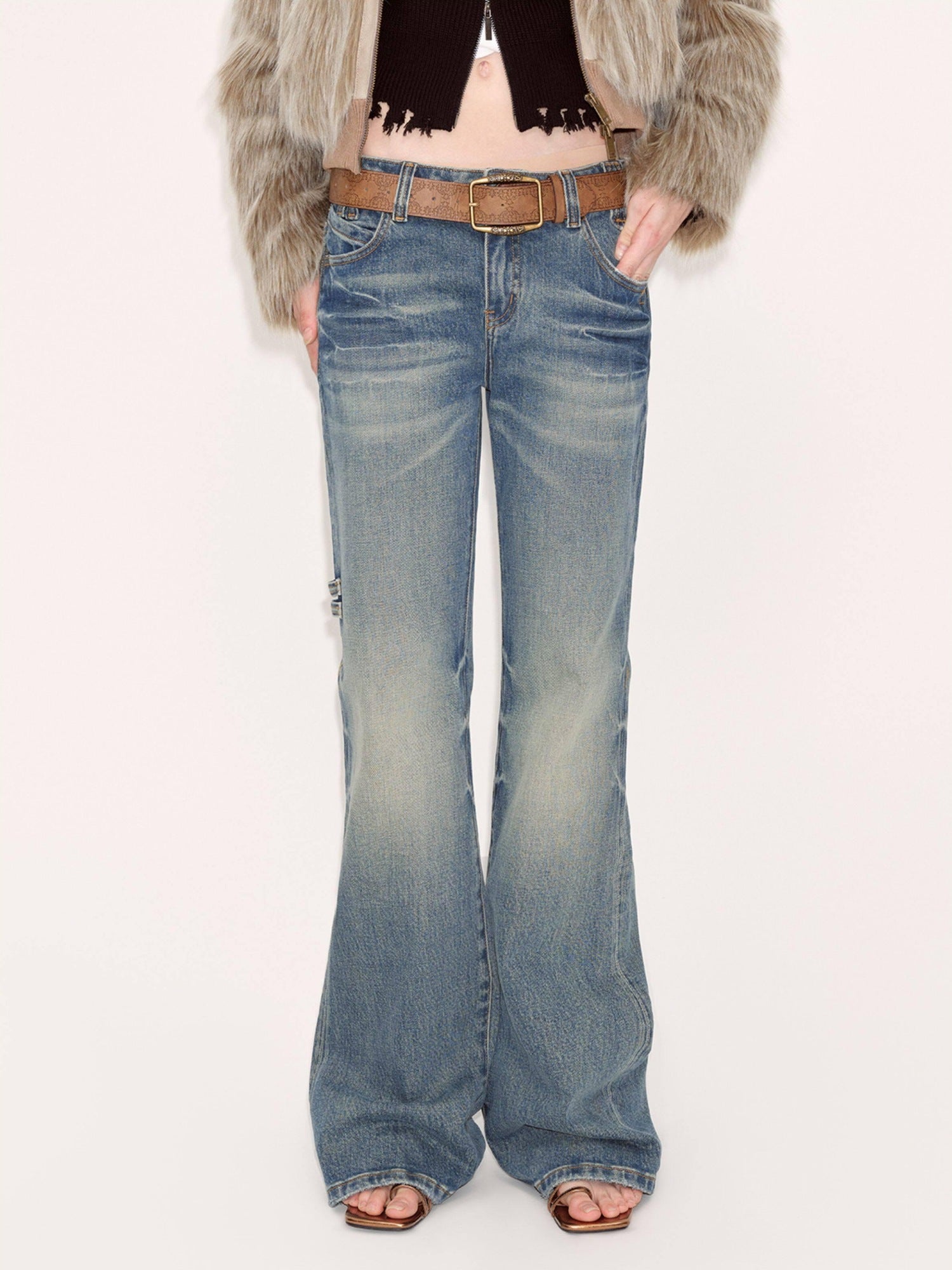 RUN TO THE FUTURE Vintage Washed Low Rise Slim Fit Slight Stretch Denim Retro Blue Flare Jeans