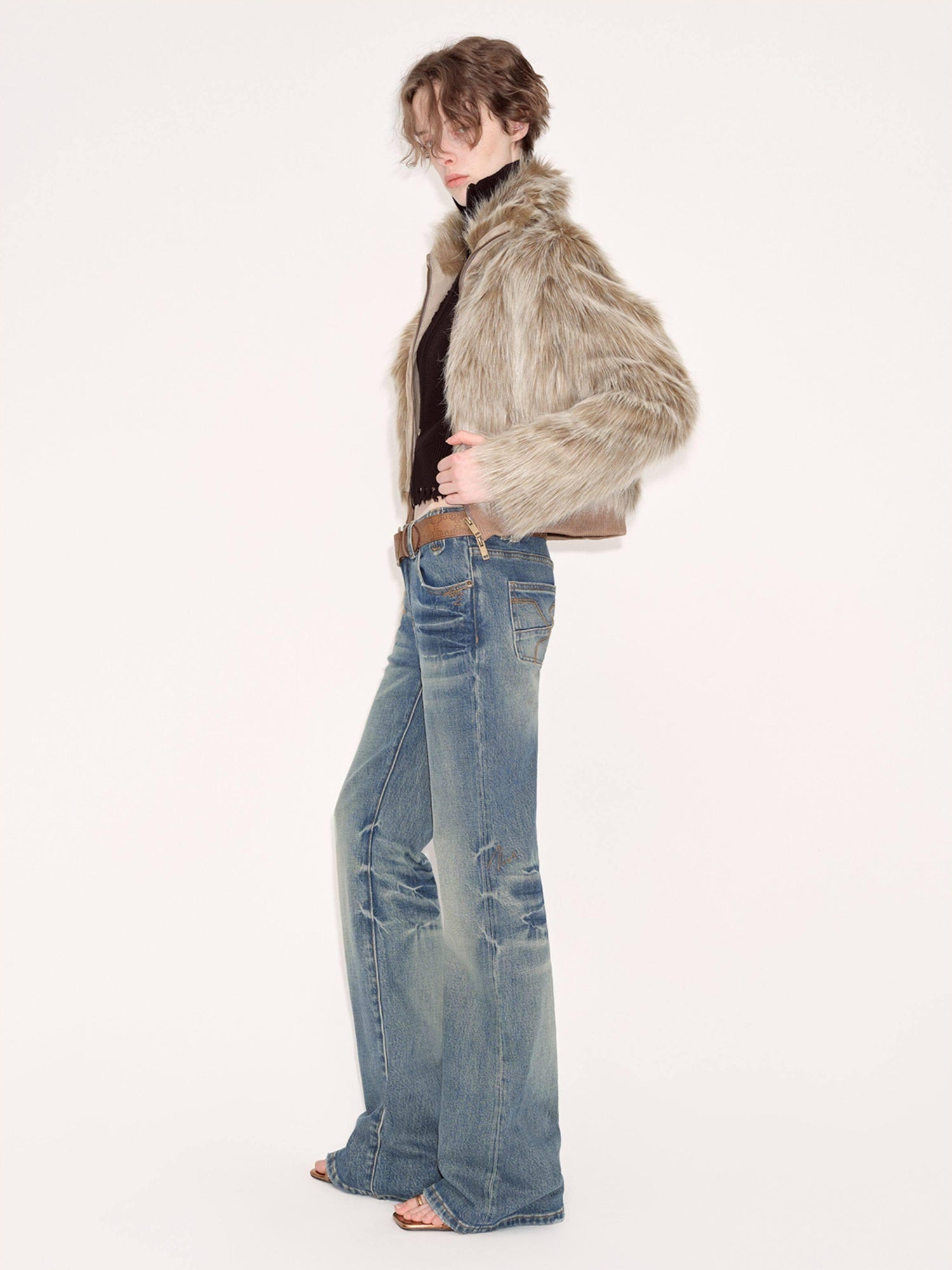 RUN TO THE FUTURE Vintage Washed Low Rise Slim Fit Slight Stretch Denim Retro Blue Flare Jeans
