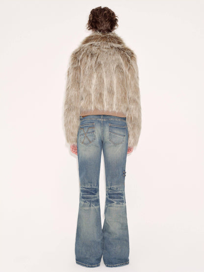 RUN TO THE FUTURE Vintage Washed Low Rise Slim Fit Slight Stretch Denim Retro Blue Flare Jeans