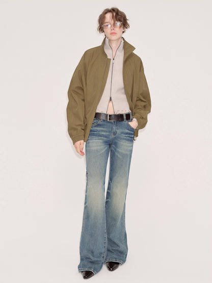 RUN TO THE FUTURE Vintage Washed Low Rise Slim Fit Slight Stretch Denim Retro Blue Flare Jeans