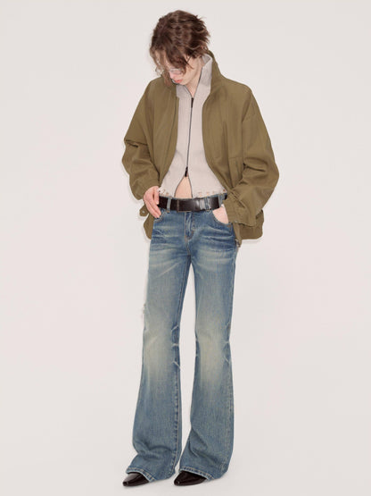 RUN TO THE FUTURE Vintage Washed Low Rise Slim Fit Slight Stretch Denim Retro Blue Flare Jeans