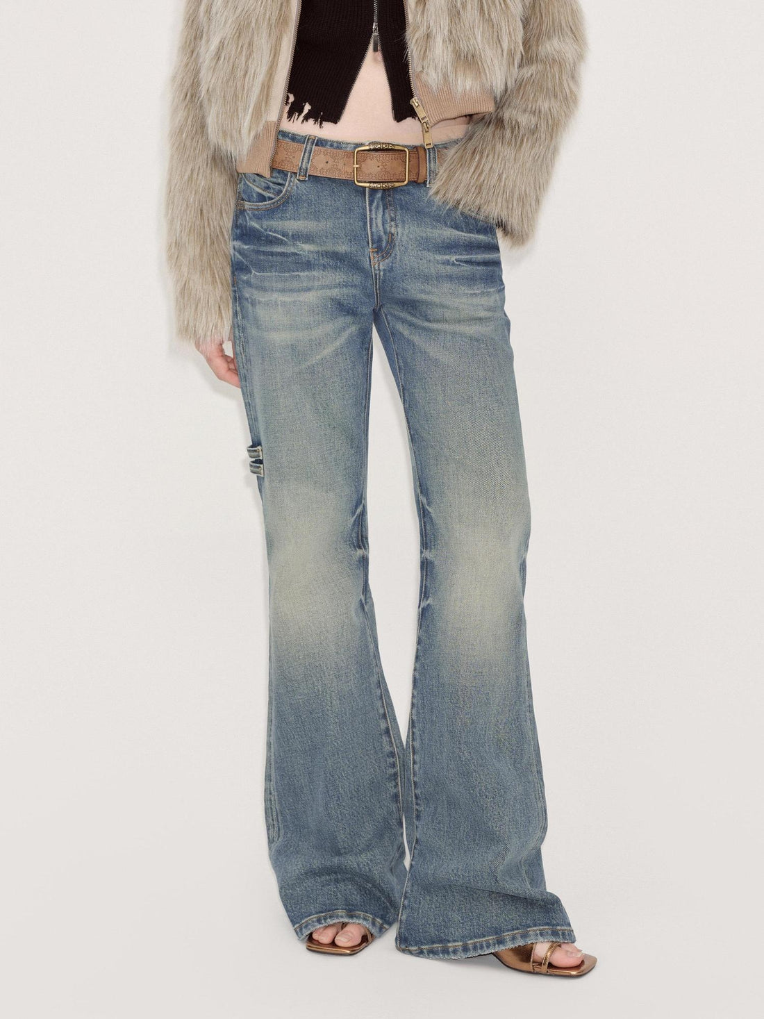 RUN TO THE FUTURE Vintage Washed Low Rise Slim Fit Slight Stretch Denim Retro Blue Flare Jeans