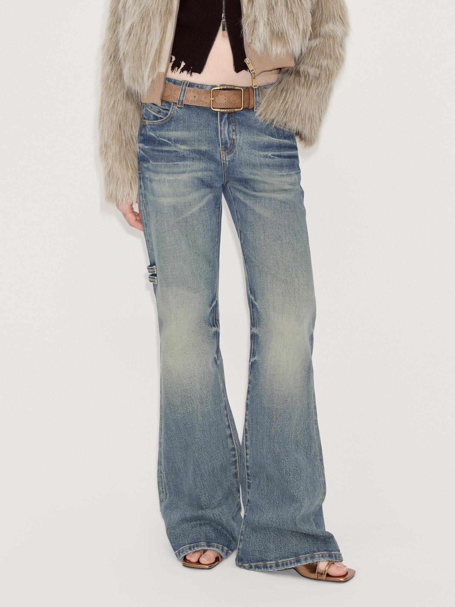 RUN TO THE FUTURE Vintage Washed Low Rise Slim Fit Slight Stretch Denim Retro Blue Flare Jeans