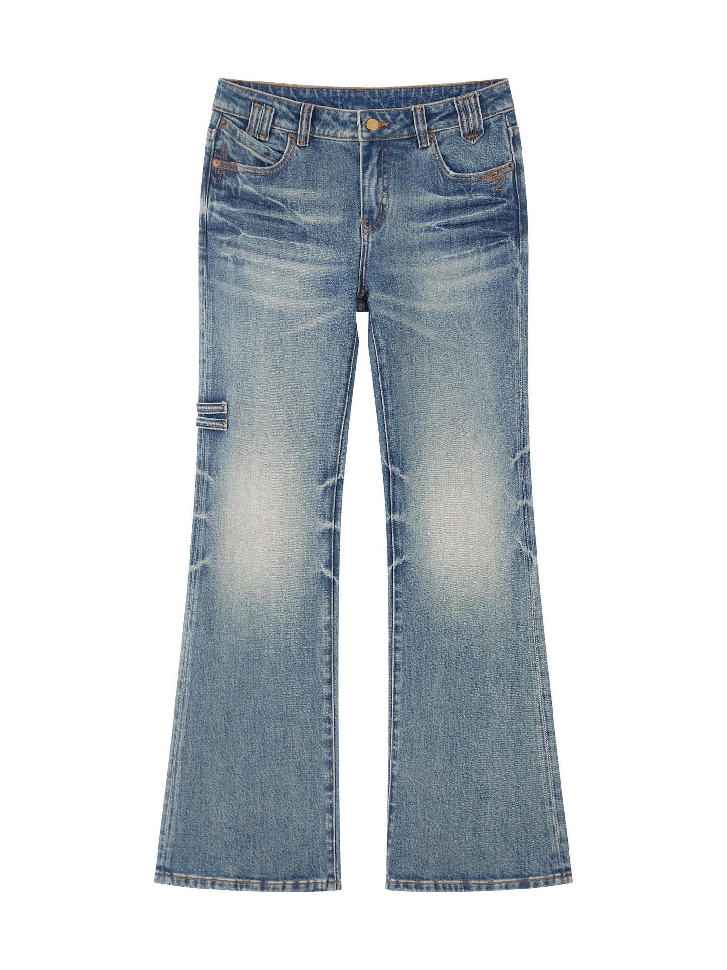 RUN TO THE FUTURE Vintage Washed Low Rise Slim Fit Slight Stretch Denim Retro Blue Flare Jeans
