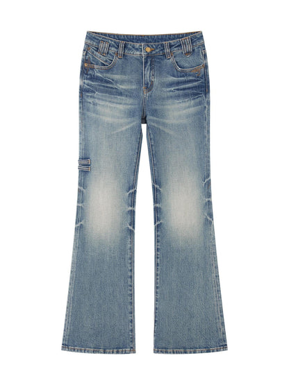 RUN TO THE FUTURE Vintage Washed Low Rise Slim Fit Slight Stretch Denim Retro Blue Flare Jeans